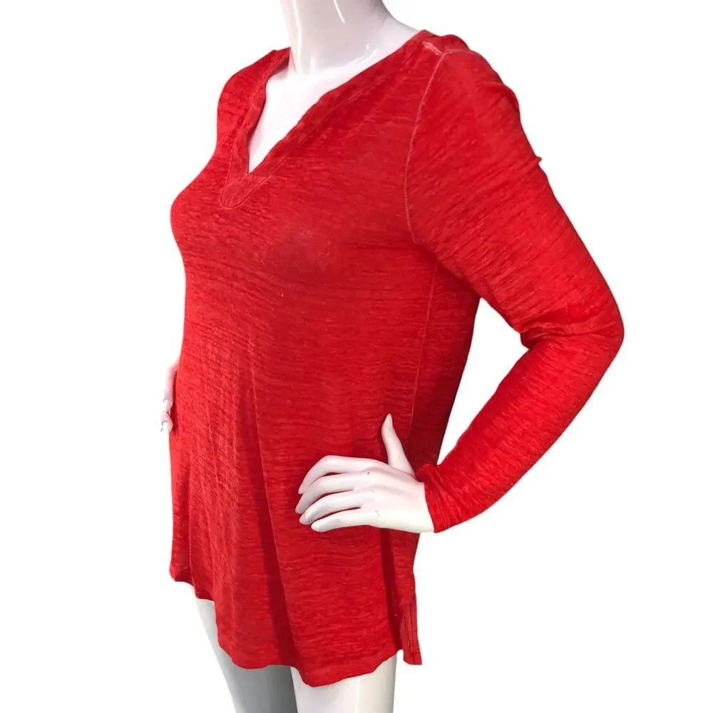 Chicos Womens Size 0 US S Linen Slplit Neck Tunic Top Soft Knit Garment Dyed Red